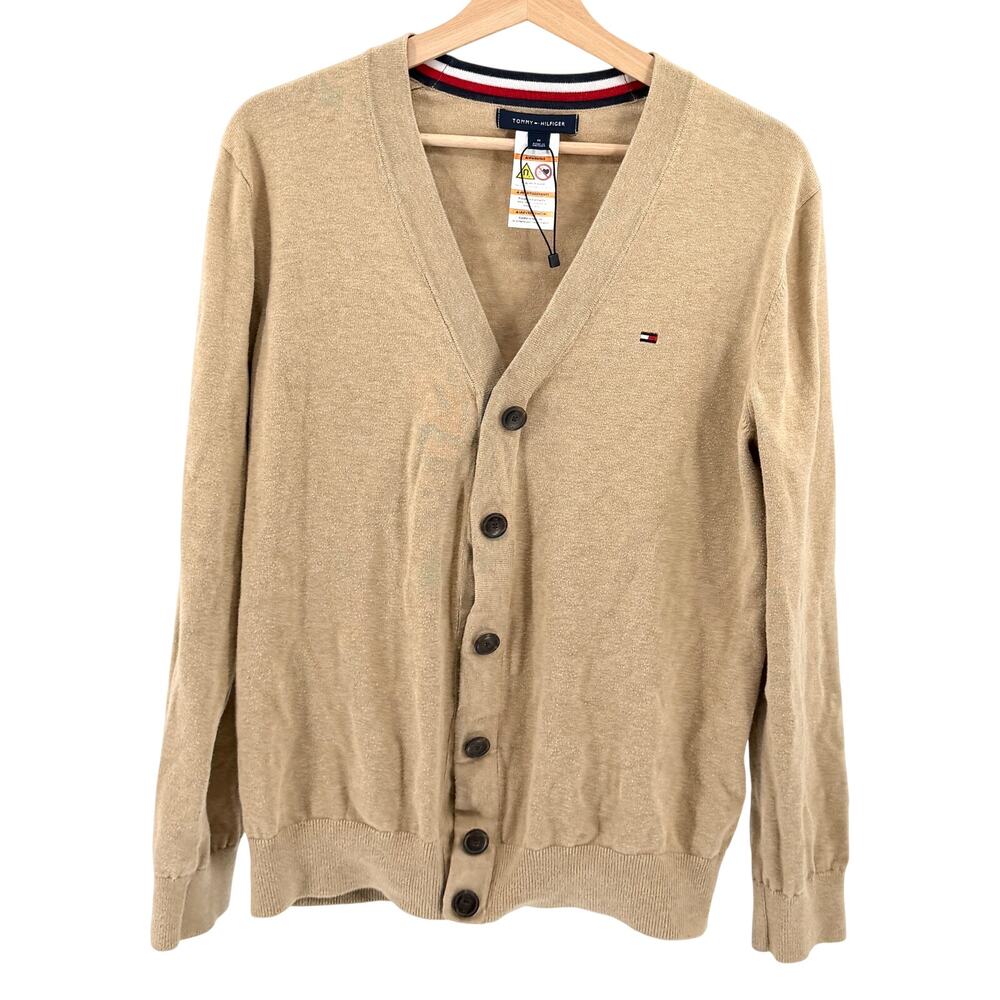 Tommy Hilfiger Camel Tan 100% Cotton Magnetic Snap Cardigan Sweater
